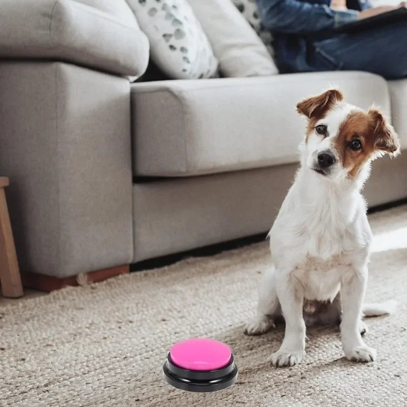 whisker cove pet training aid button in pink with small dog 