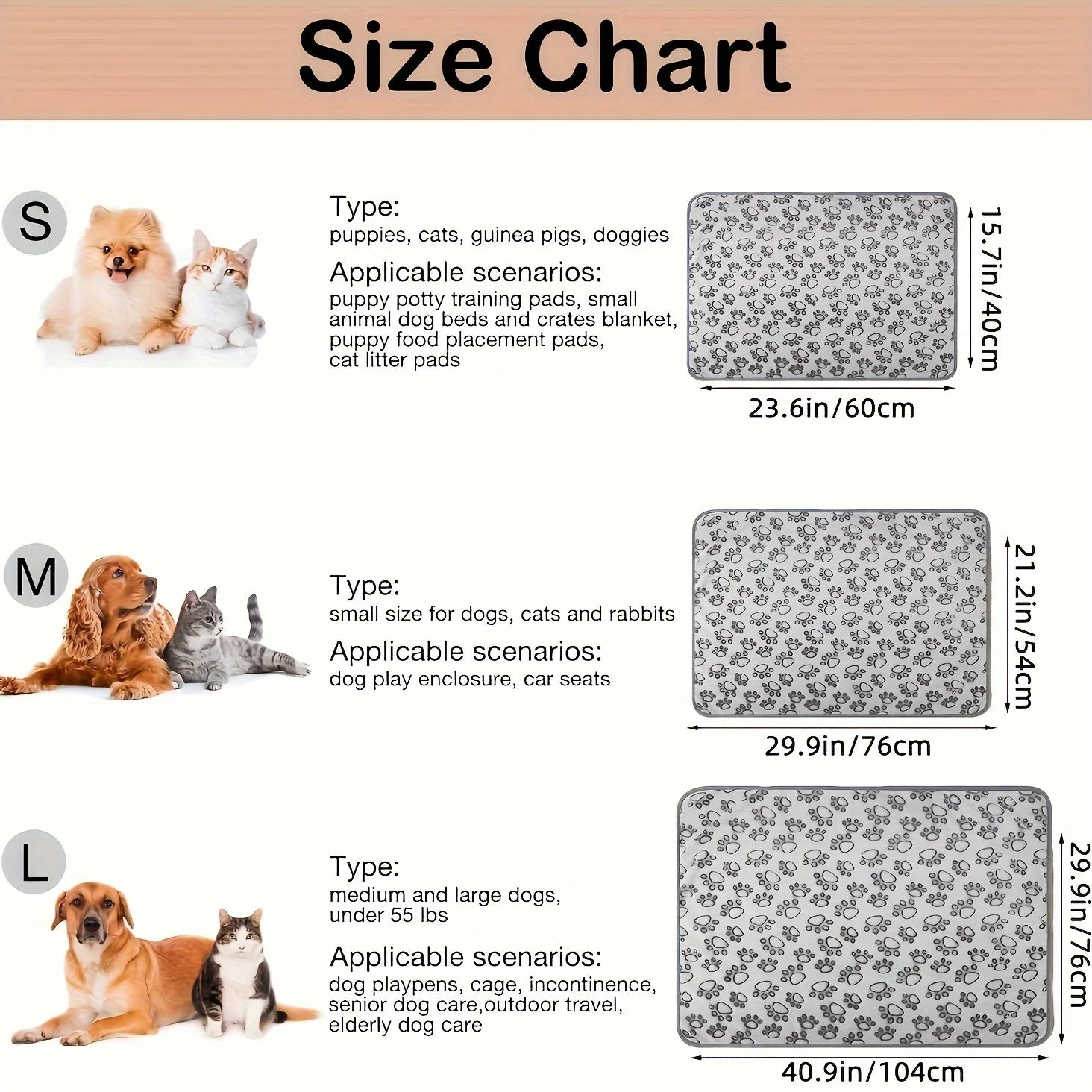 Whisker Cove pet blanket size chart